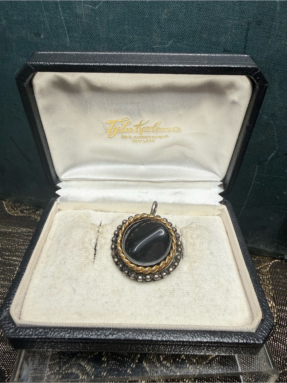 Vintage Silver Tone Black Onyx w/ Gold Wrap Pendant